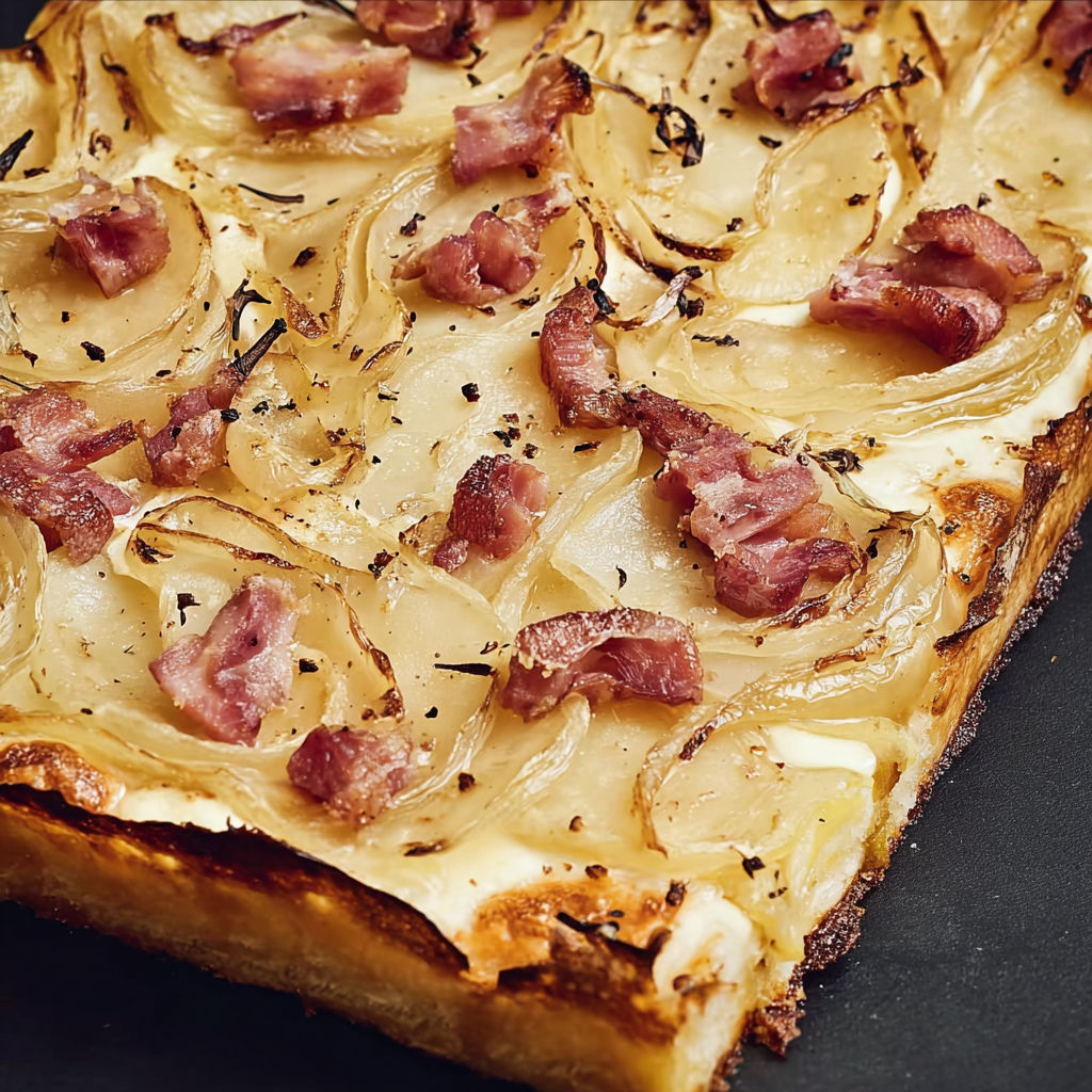 Une flammekueche cuite garnie de pommes de terre, oignons et lardons, servie sur une table noire.