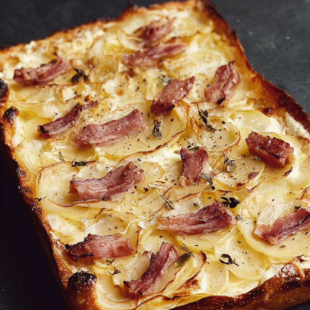 Flammekueche authentique pommes de terre et lardons, texture crémeuse garantie.