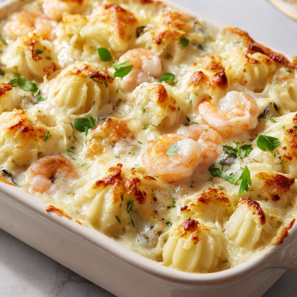 Un gratin généreux de Saint-Jacques avec des légumes crémeux et une touche de fromage.