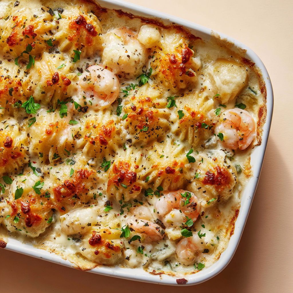Gratin de fruits de mer raffiné avec purée de céleri et pommes de terre fondantes à partager.
