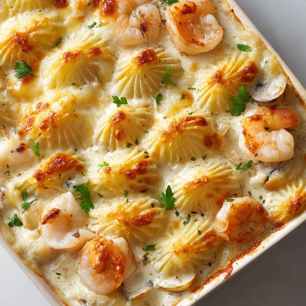 Coquilles Saint-Jacques et crevettes gratinées à partager, texture crémeuse et saveurs marines.