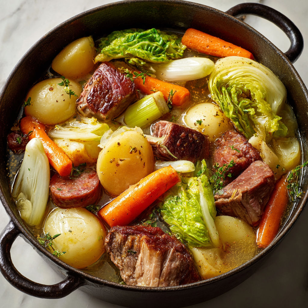 Un délicieux pot-au-feu aux 4 viandes avec légumes mijotés dans un bouillon parfumé.
