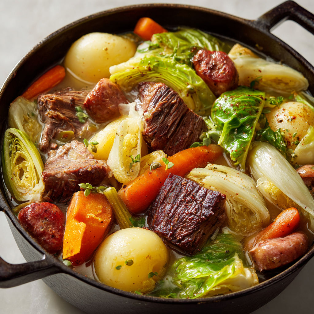 Un grand plat de pot-au-feu aux multiples viandes, légumes et bouillon réconfortant.