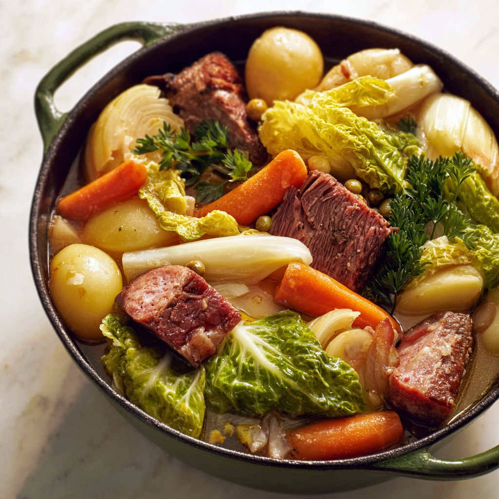 Un grand plat de pot-au-feu aux multiples viandes, légumes et bouillon réconfortant.