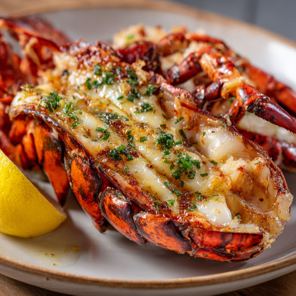 Assiette de homard grillé nappé de beurre à la laitue de mer.