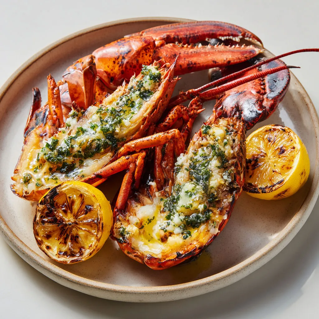 Homard sorti du barbecue, nappé de beurre d’algues, pour une bouchée pleine de saveurs marines et de plaisir tout simple.