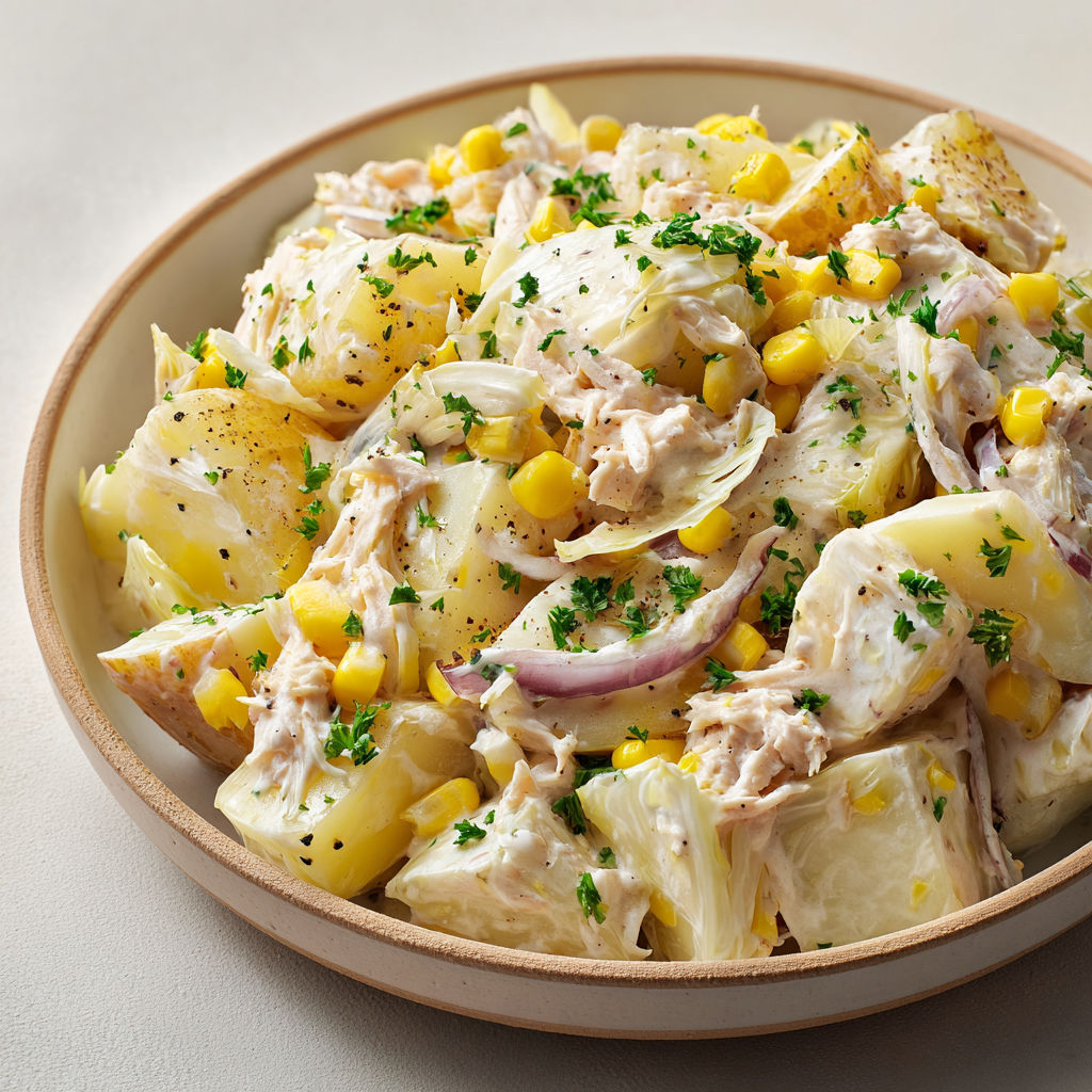 Un bol rempli d'endives, pommes de terre et thon, joliment présenté.