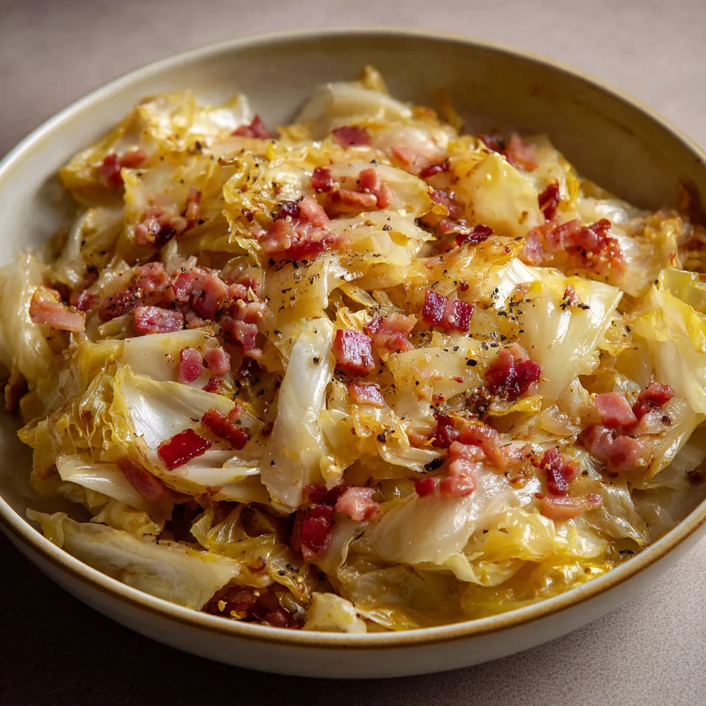 Assiette d’endives fondantes avec lardons grillés et sauce onctueuse maison.