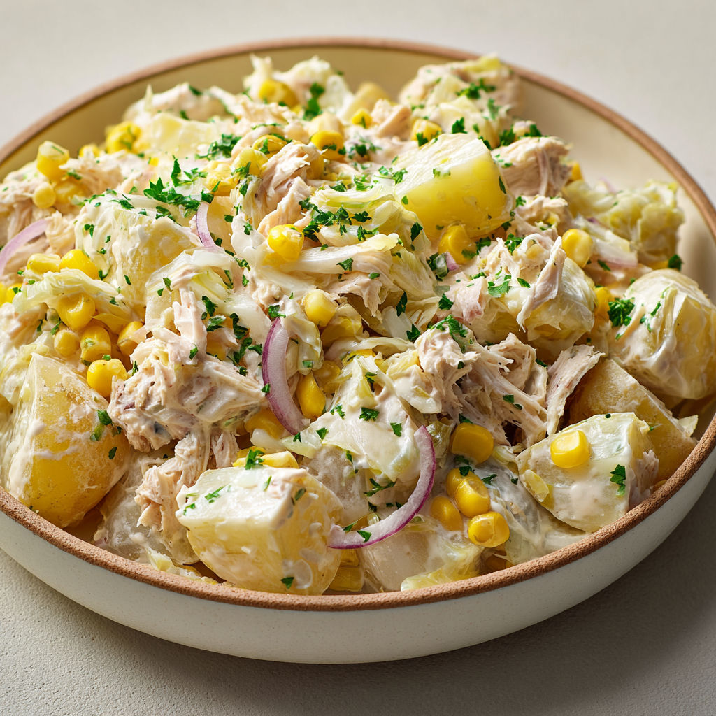 Gros cubes de pommes de terre, endives croquantes, thon fondant, salade maison qui a du goût.