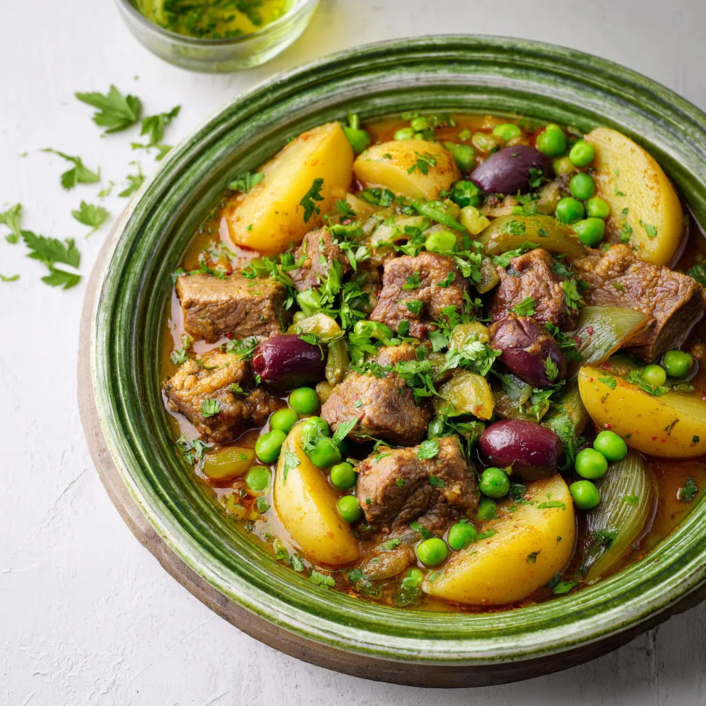 Mijoté d’agneau tendre aux légumes frais et olives violettes, relevé d’épices douces.