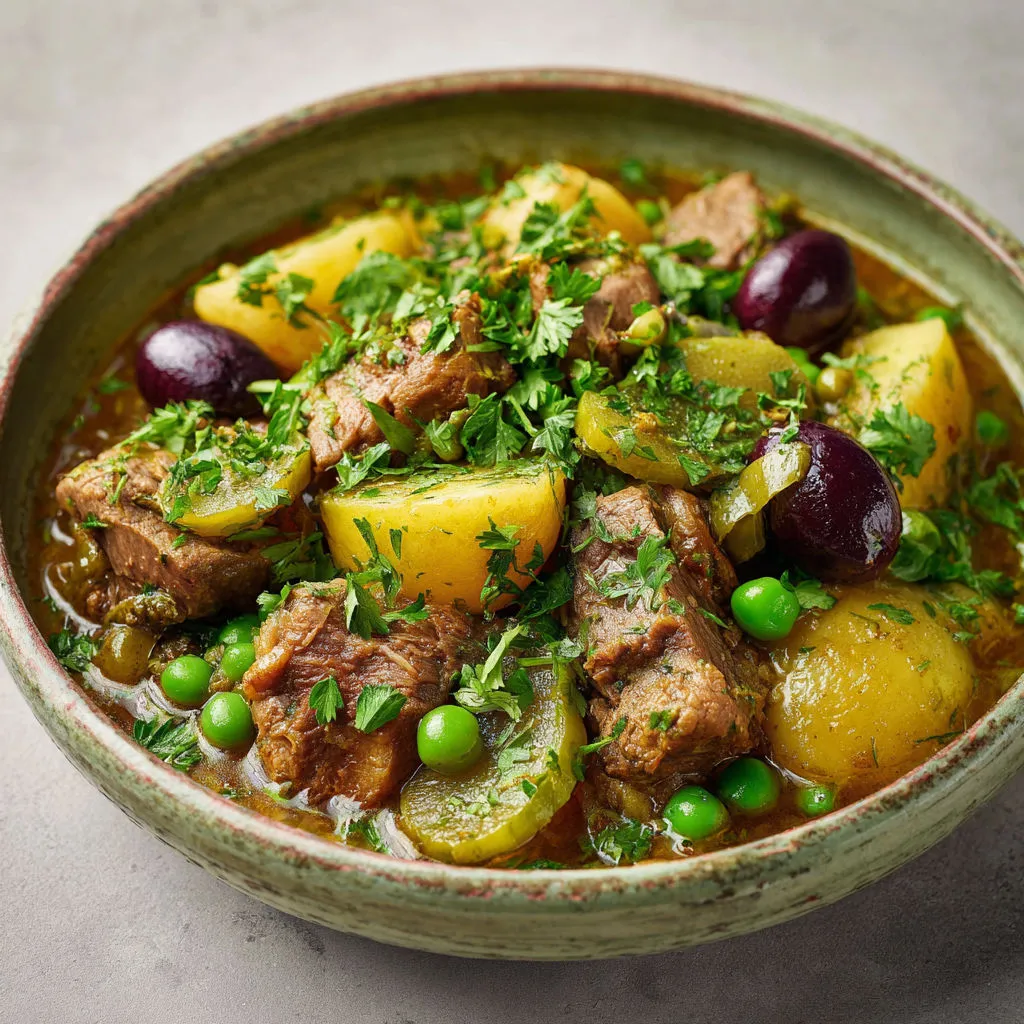 Épaule d’agneau bien tendre, fenouil croquant, petits pois sucrés et pommes de terre moelleuses, servi chaud.