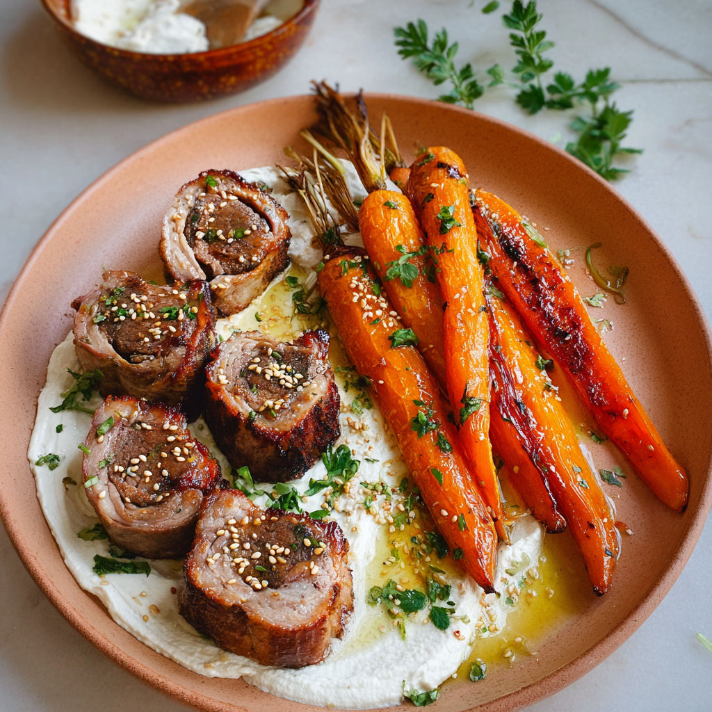 Plat d'agneau moelleux, carottes rôties au miel et graines de sésame, avec une sauce légère.