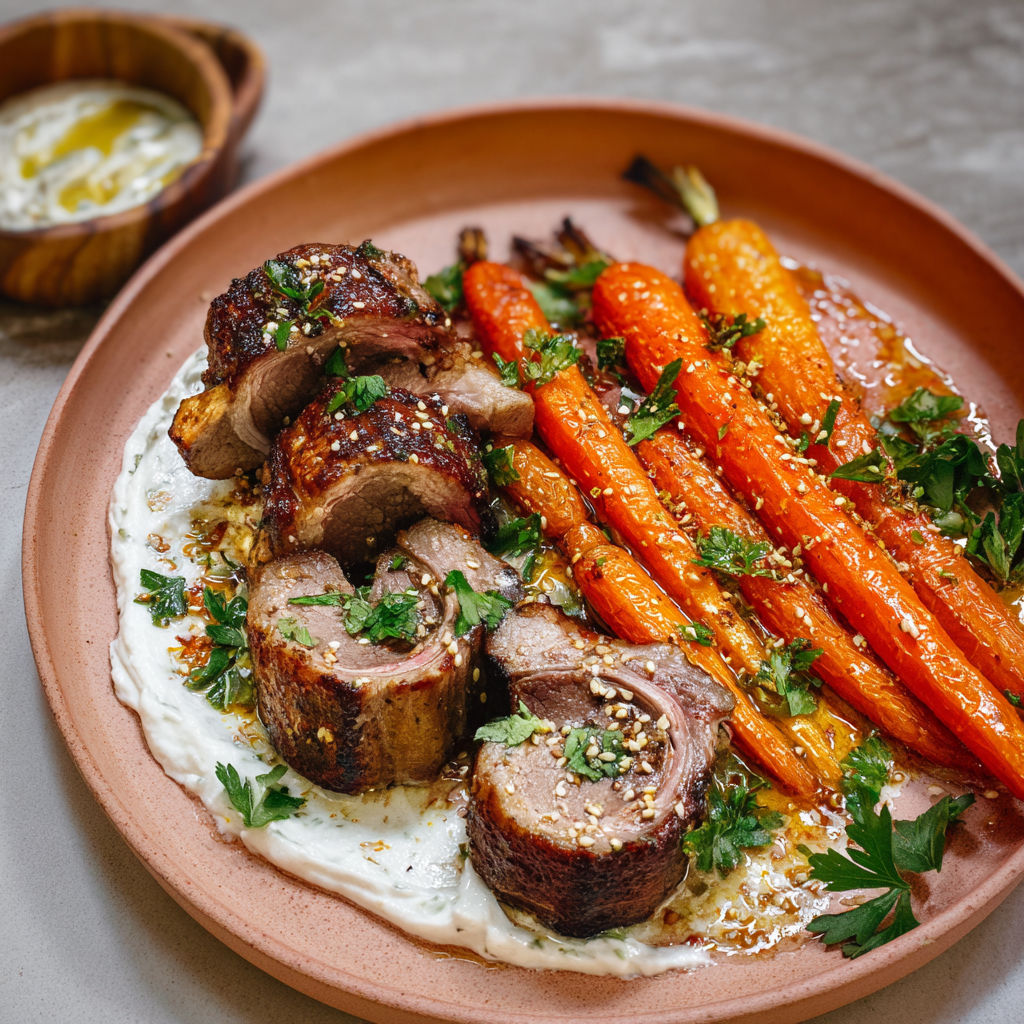 Plat d’agneau avec carottes rôties et herbes fraîches.