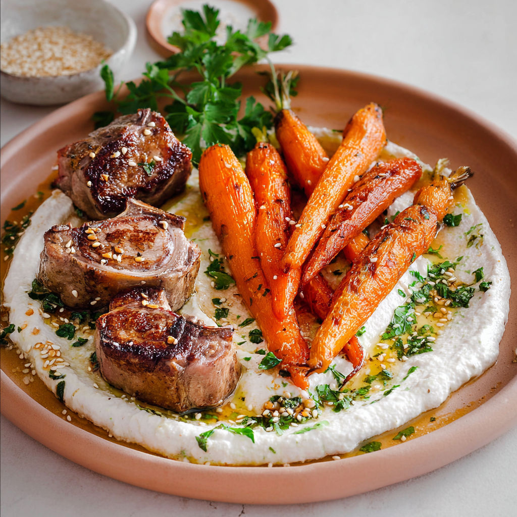 Carottes rôties et agneau sauce yaourt aux herbes.