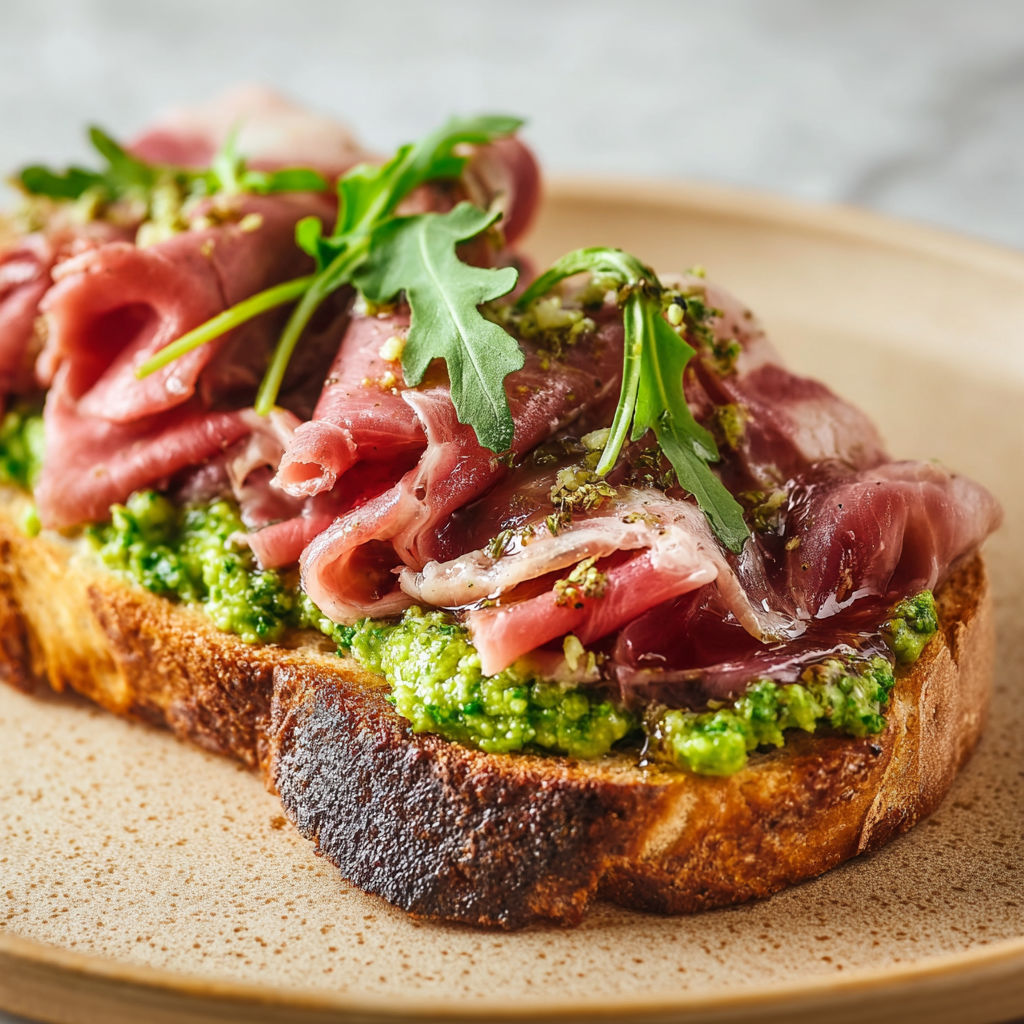 Un toast garni de carpaccio de bœuf et de brocolis, prêt à être dégusté.