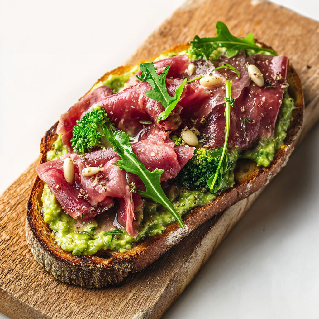 Toast craquant, carpaccio de bœuf, pesto brocoli aux amandes pignons et roquette fraîche.