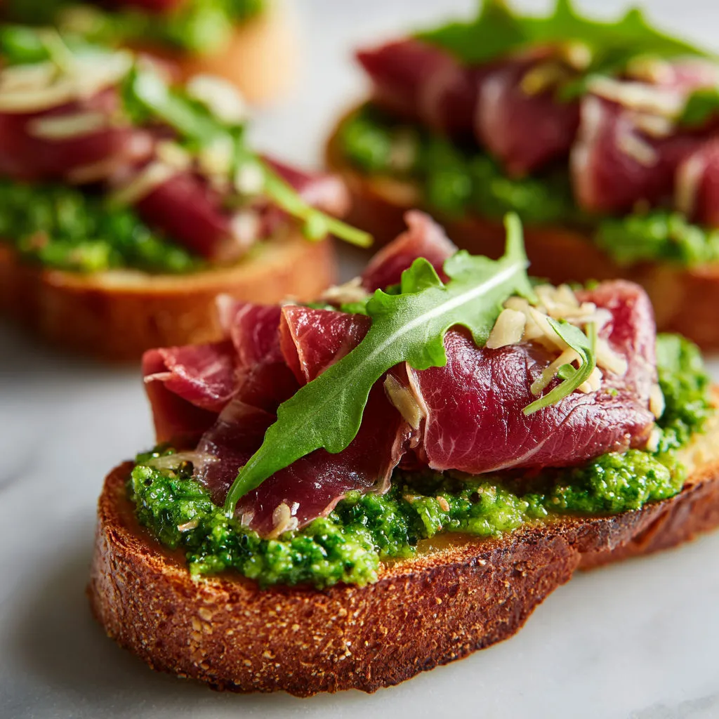 Pain au levain grillé, bœuf fin, roquette ultra fraîche et pesto maison tout doux.