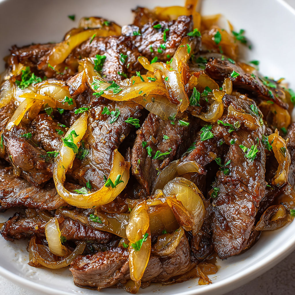 Assiette gourmande de bœuf aux oignons caramélisés, joliment servie.
