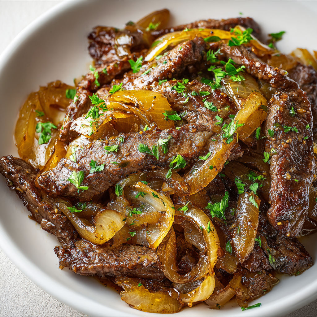 Bœuf tendre mijoté, oignons caramélisés et sauce brillante façon bistrot.