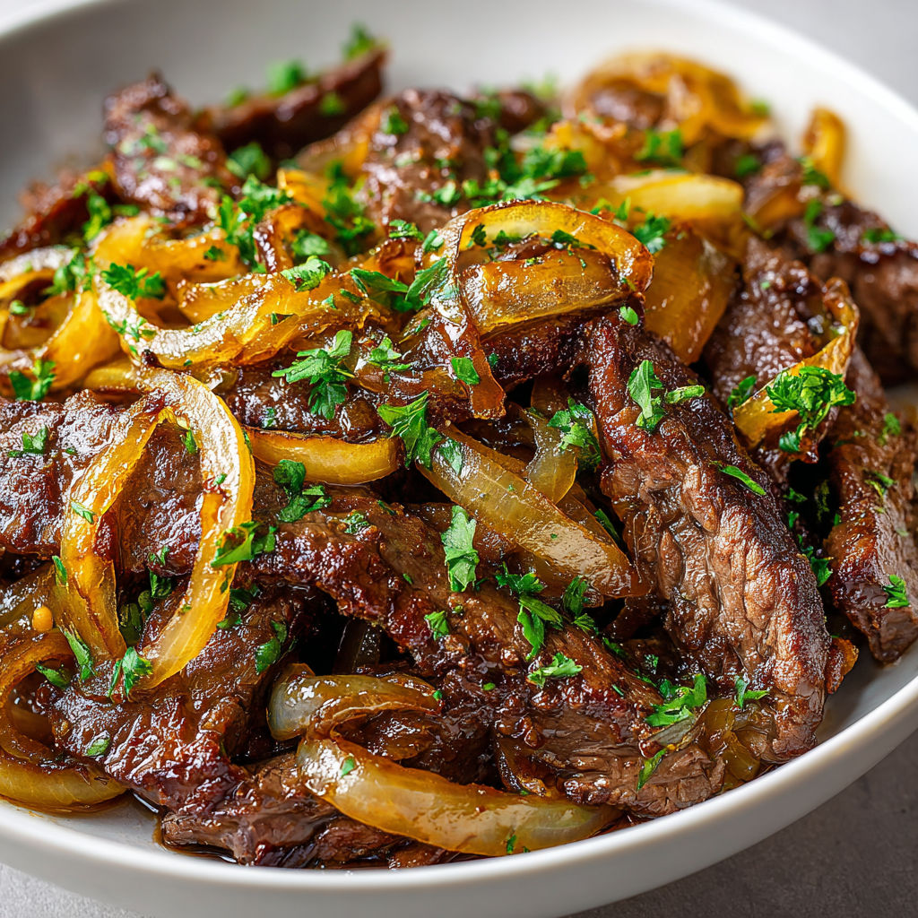 Morceaux de bœuf moelleux et oignons dorés, sauce parfumée au vinaigre.