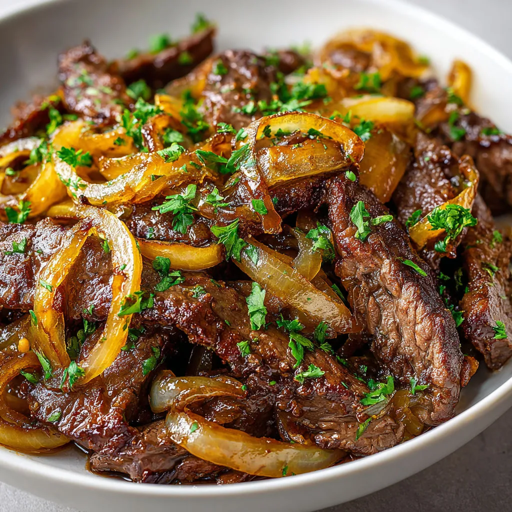 Morceaux de bœuf moelleux et oignons dorés, sauce parfumée au vinaigre.