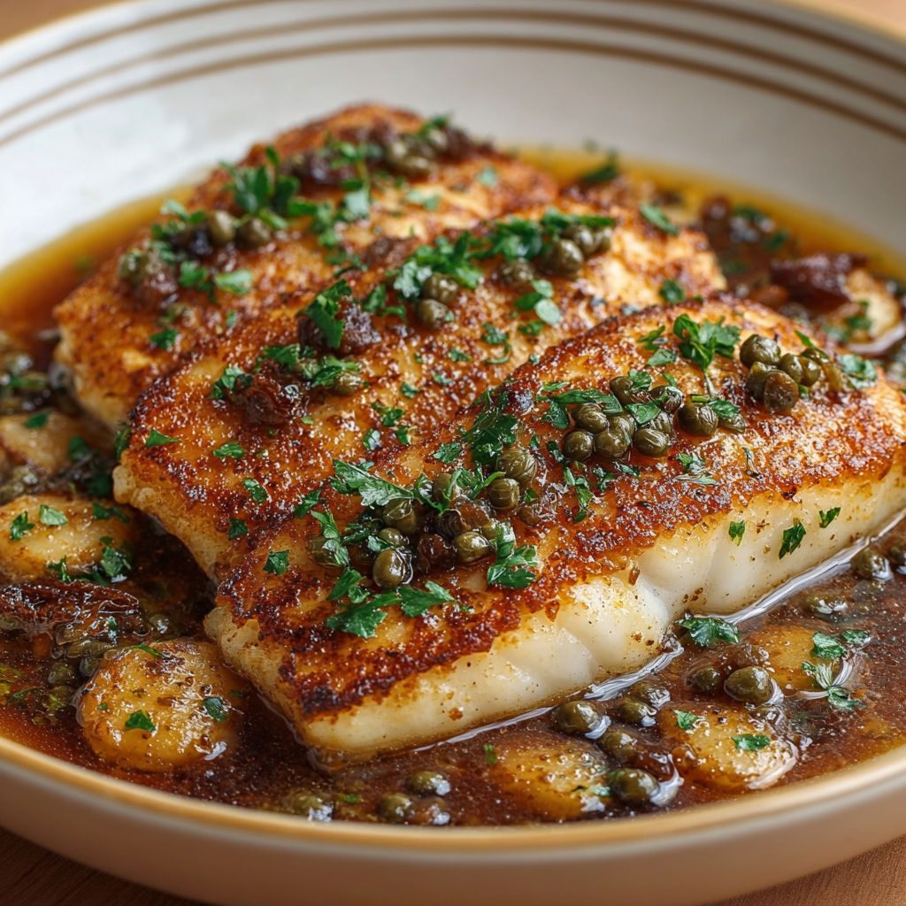 Poisson meunière doré servi avec sauce citron-câpres, style Bourguignon.