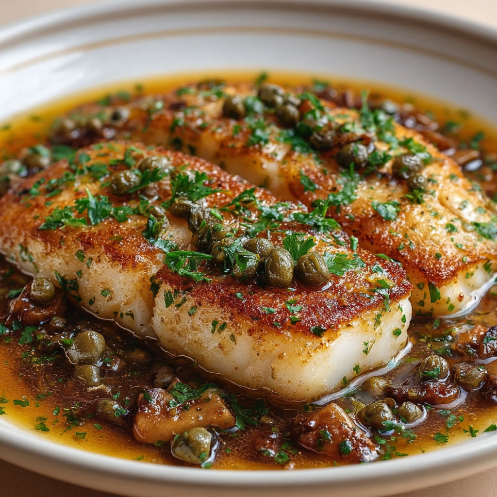 Poêlée de cabillaud croustillant nappé d’une sauce meunière acidulée.