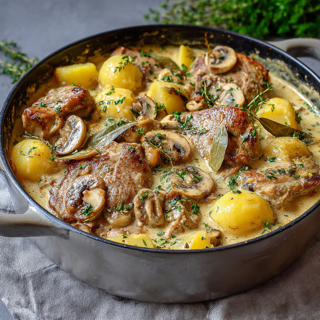 Plat de porc tout crémeux aux champignons avec pommes de terre moelleuses.