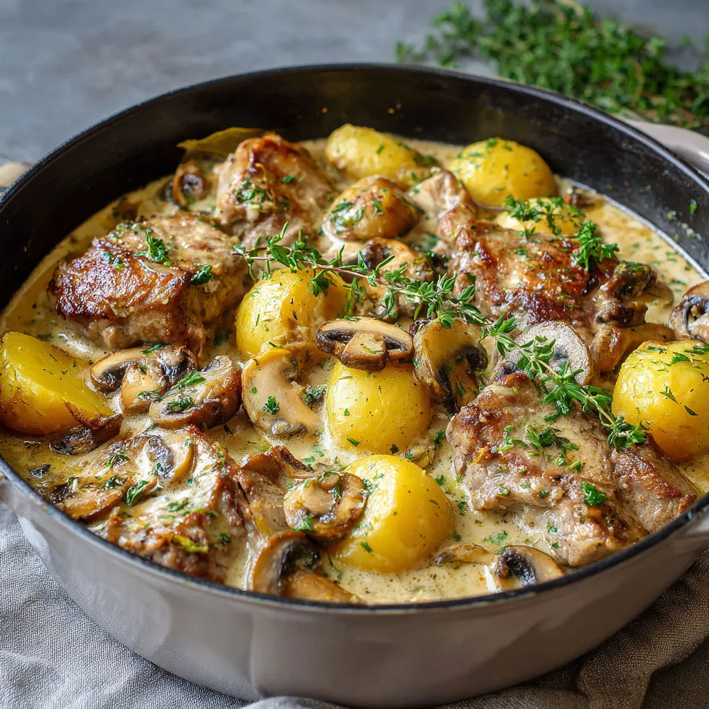 Cocotte rustique de porc doucement mijoté à la crème, thym et laurier.
