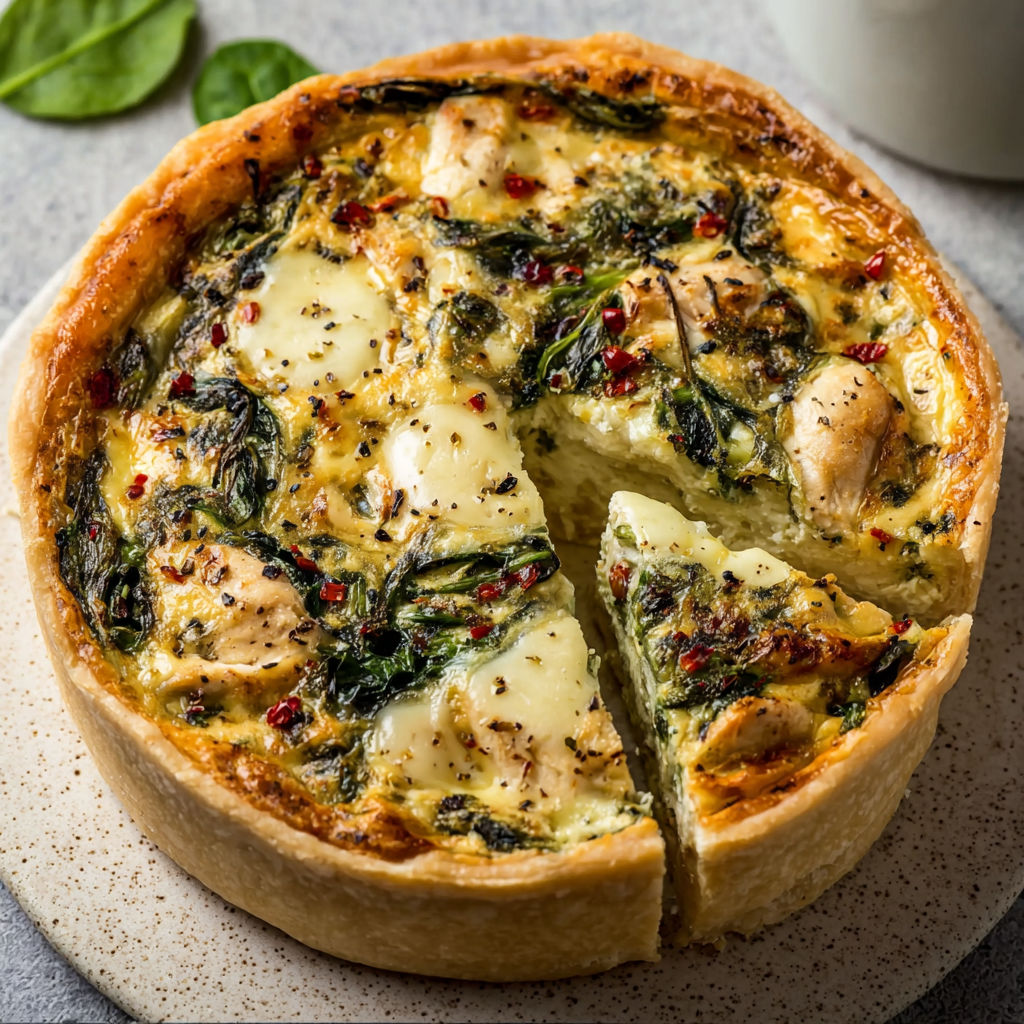 Des parts de quiche aux épinards, poulet et fromage sont servies joliment sur une table.