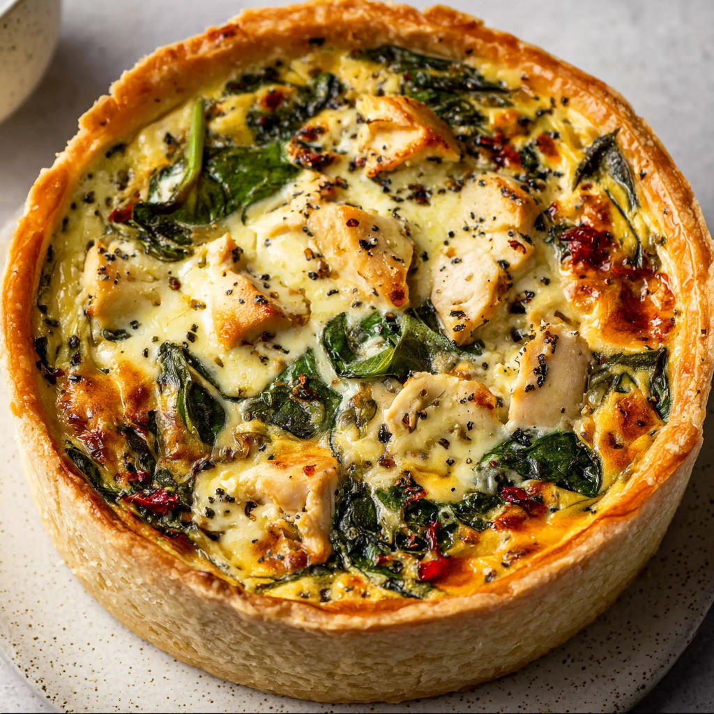 Tarte dorée, garnie d’épinards, morceaux de poulet et mozzarella fondue.