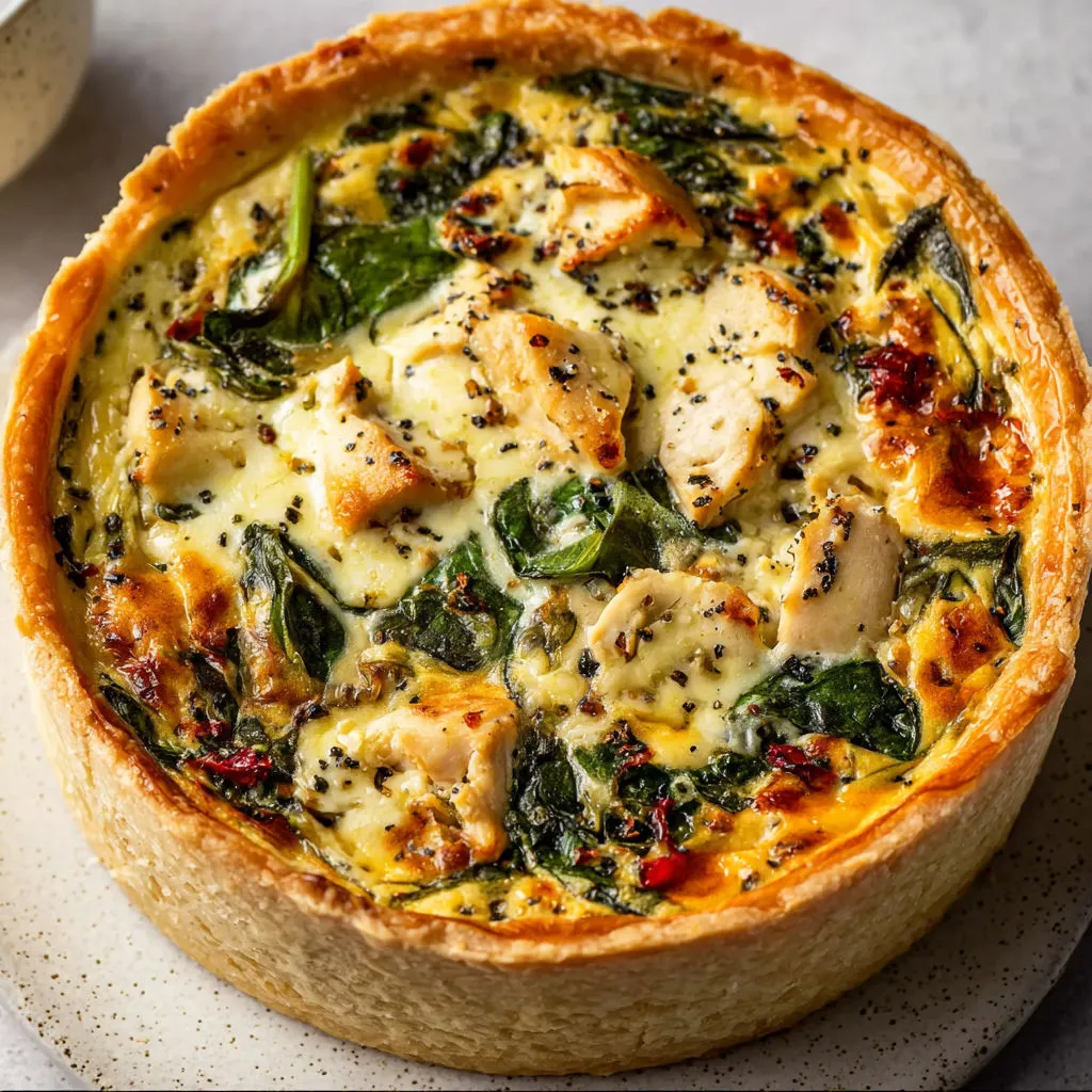 Tarte dorée, garnie d’épinards, morceaux de poulet et mozzarella fondue.