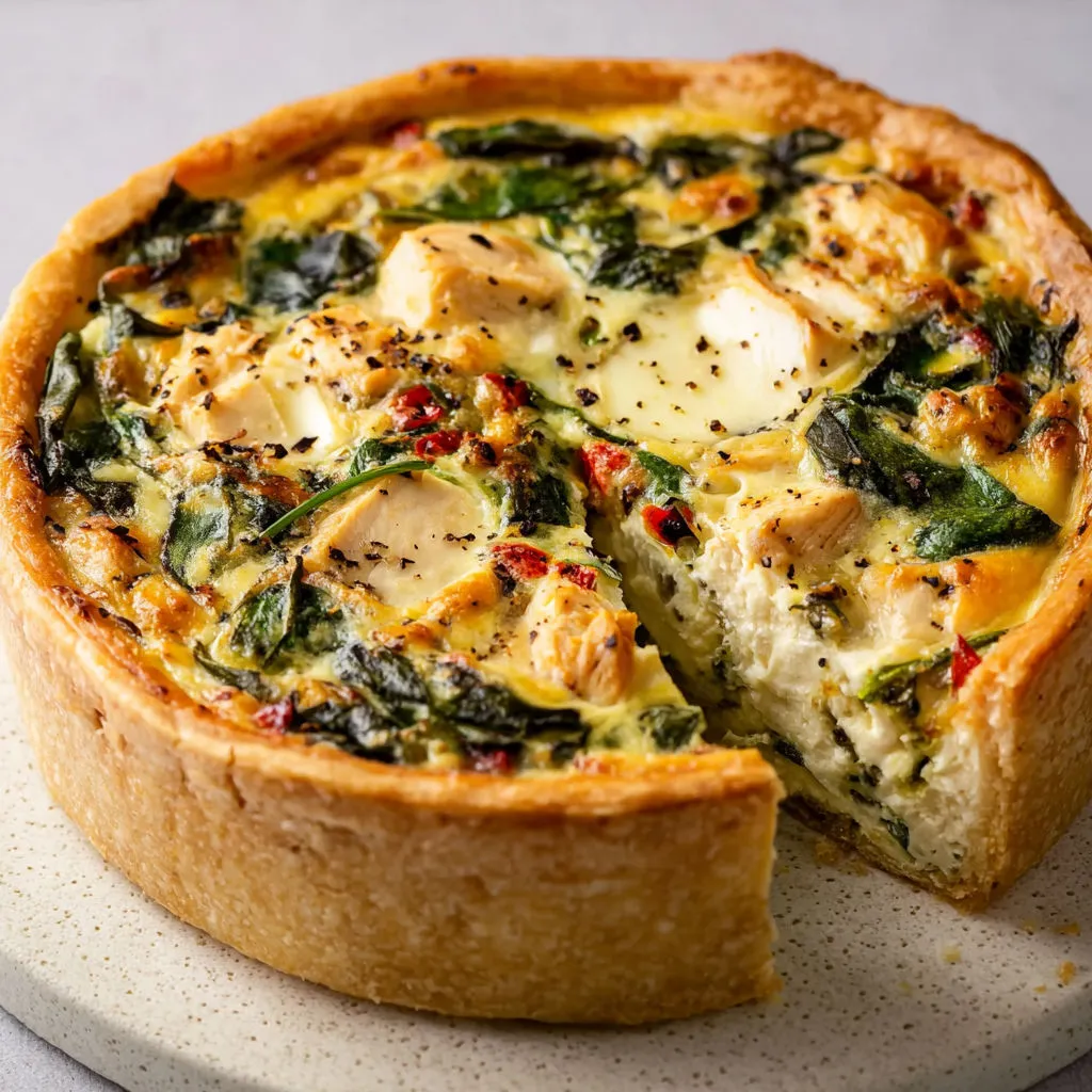 Tarte crémeuse maison poulet épinards surmontée de mozzarella gratinée.