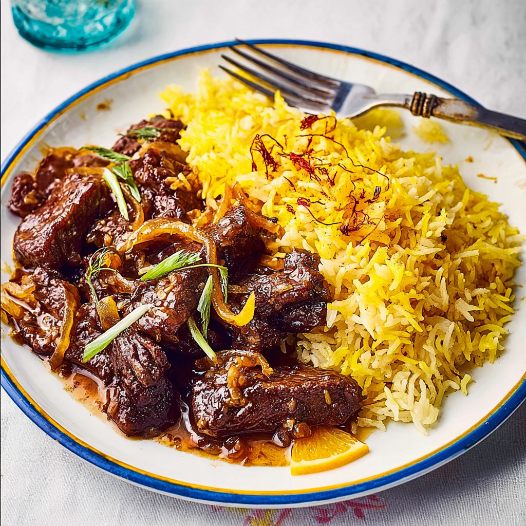 Onglet de bœuf sauté aux agrumes et riz basmati parfumé aux épices.