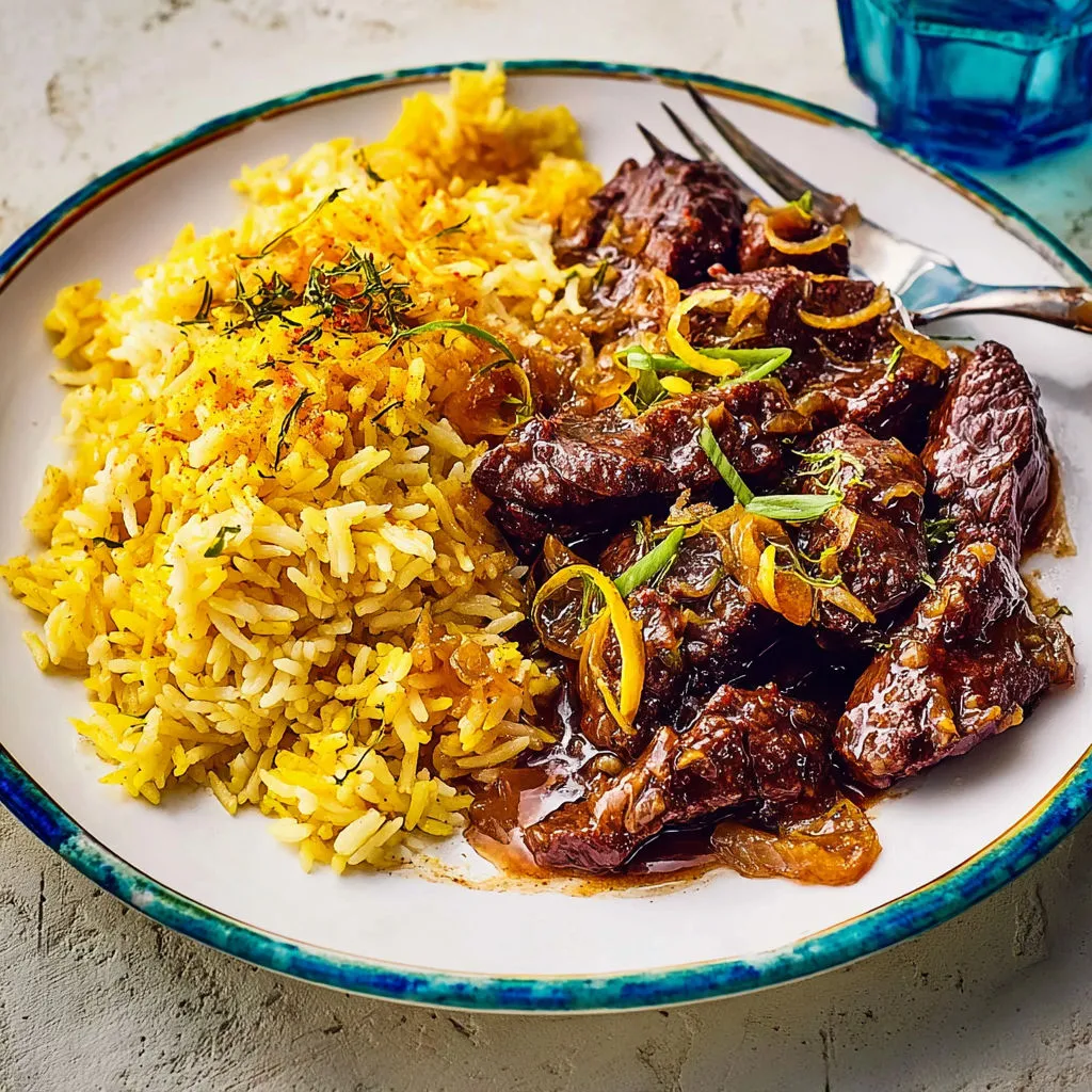 Tranches d’onglet caramélisées à l’orange et citron, riz au curcuma et gingembre à côté.