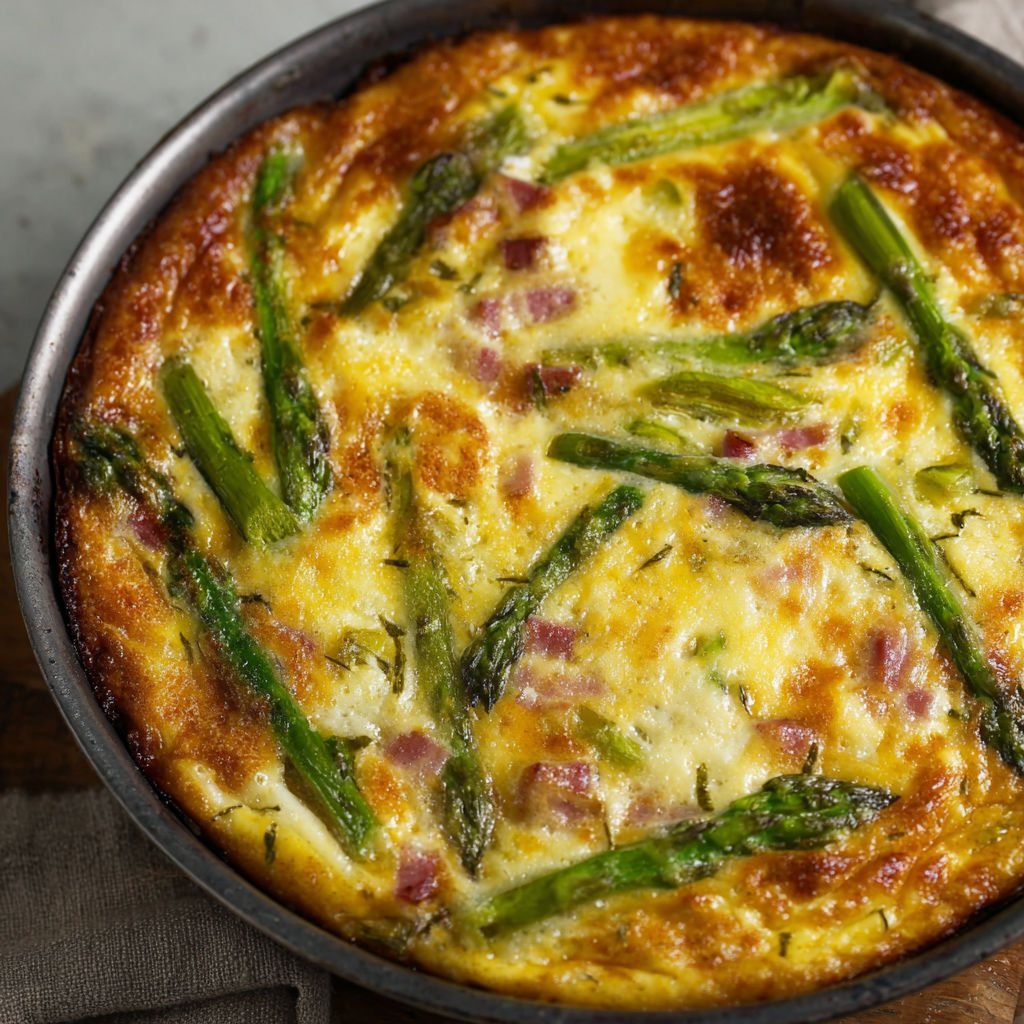 Plat aux asperges vertes, fromage et jambon présenté joliment dans une assiette.