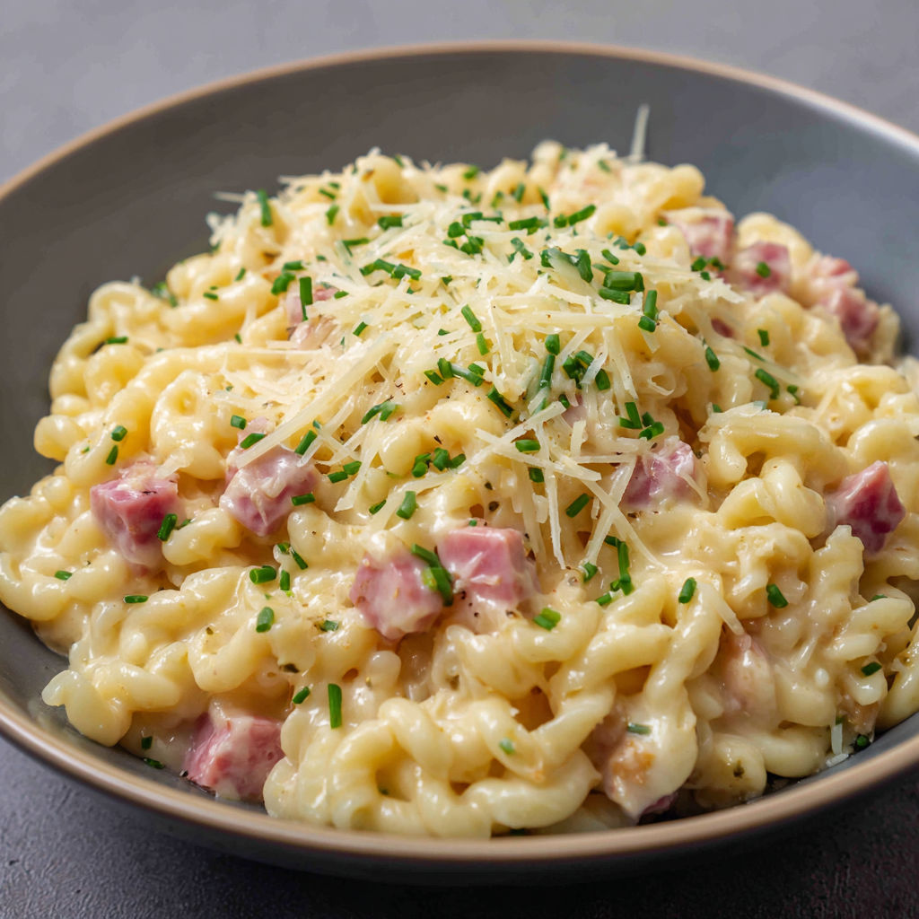 Un délicieux plat de coquillettes façon risotto avec jambon et comté, prêt à déguster.