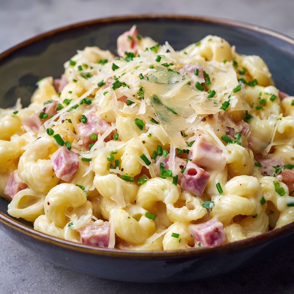 Coquillettes ultra fondantes avec bouillon, jambon tendre et comté filant.