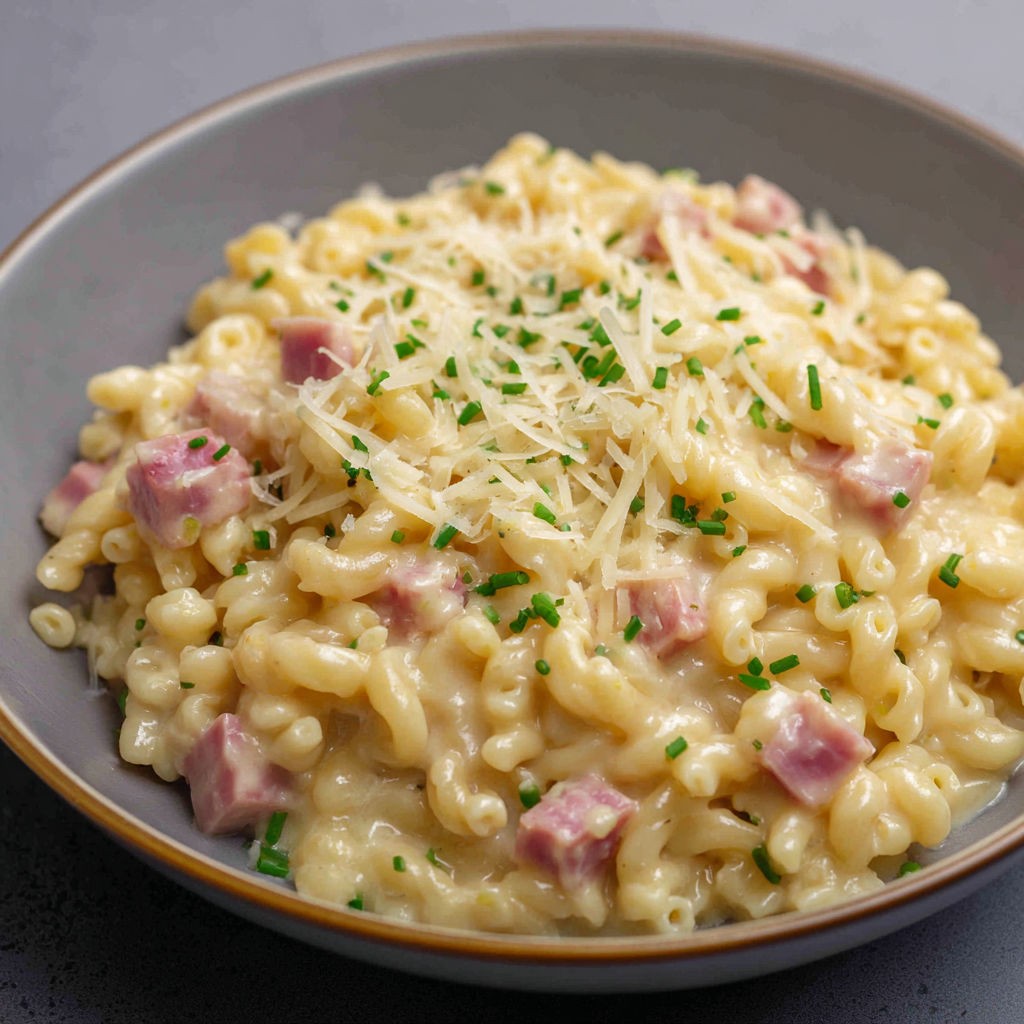 Coquillettes fondantes type risotto au jambon et comté gratiné.