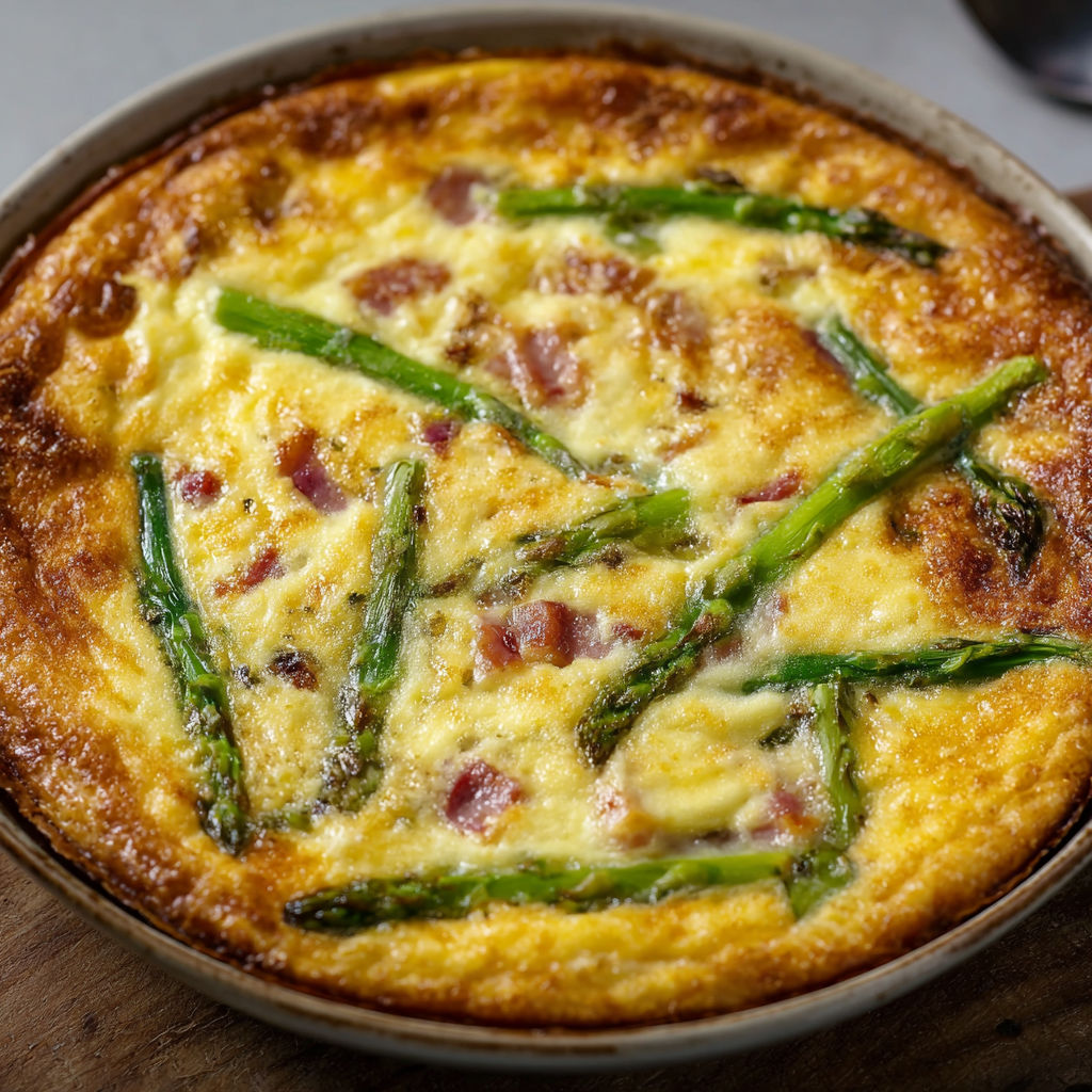 Quiche sans pâte moelleuse aux asperges fraîches et fromage doré.