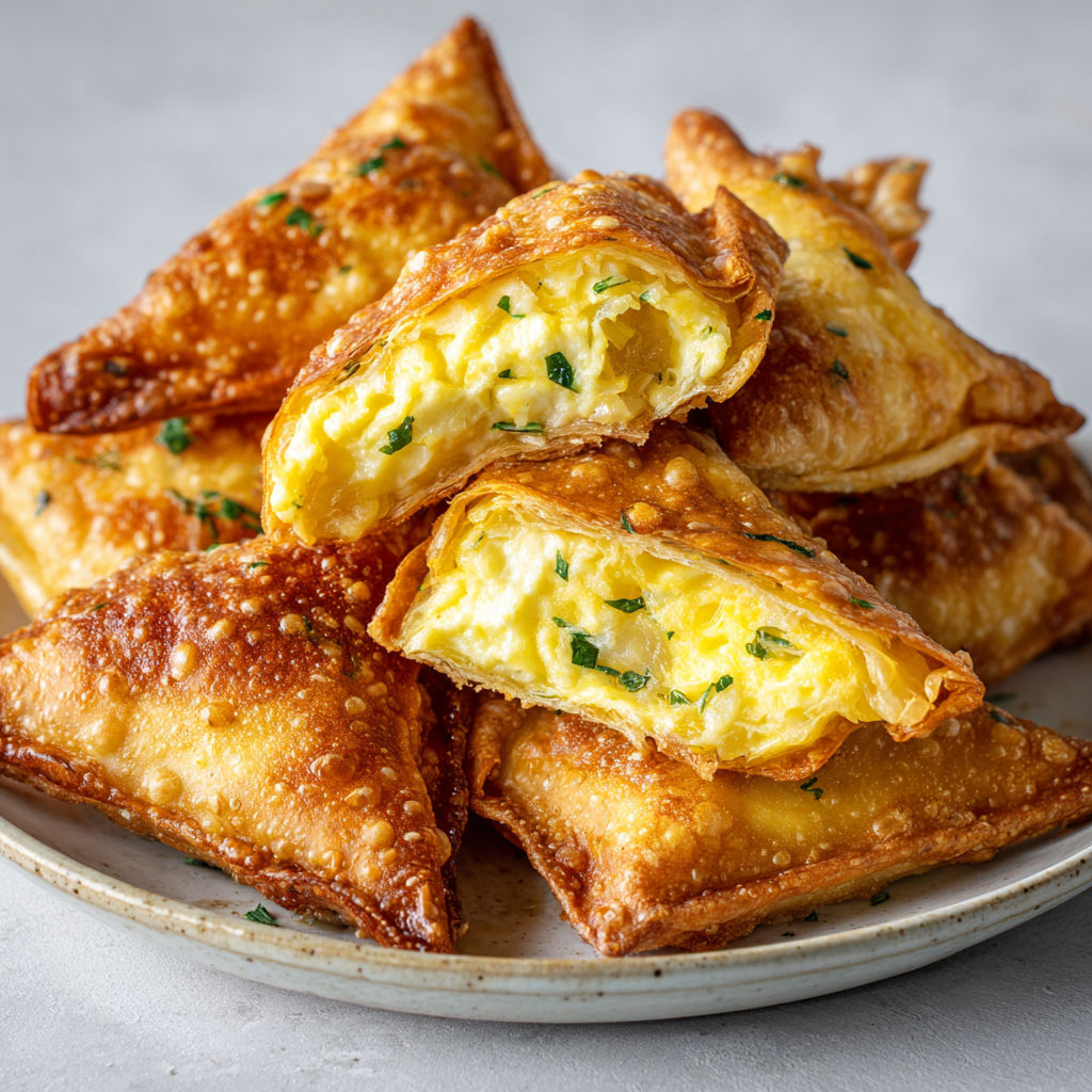 Un plateau avec des bricks dorées aux oeufs et kiri.