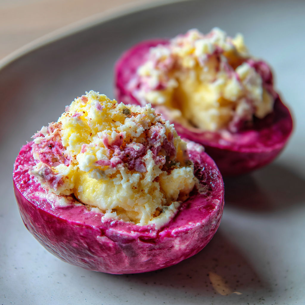 Plateau avec œufs roses et miettes de crabe.