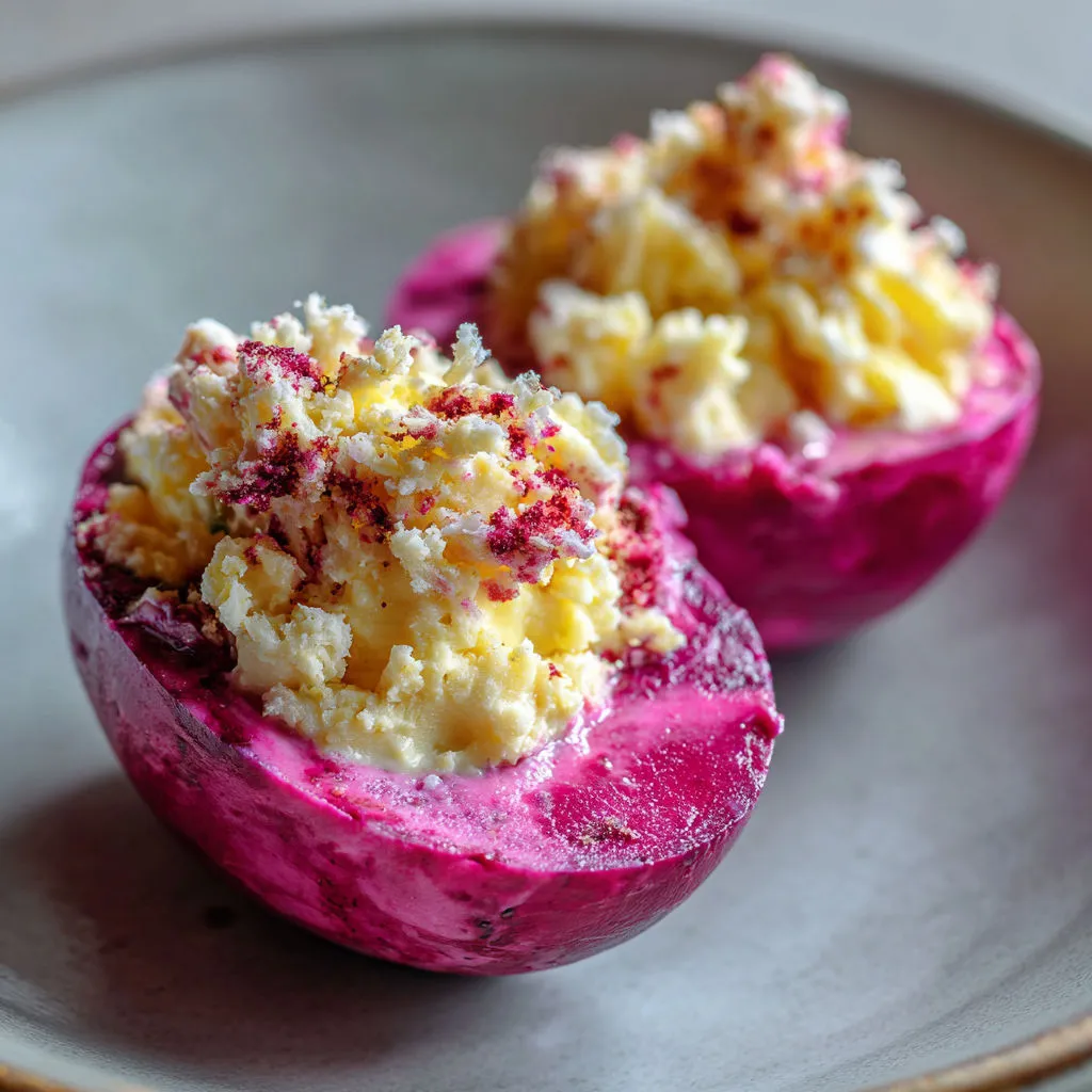 Œufs Mimosa Rose Betterave et Crabe Onctueux.