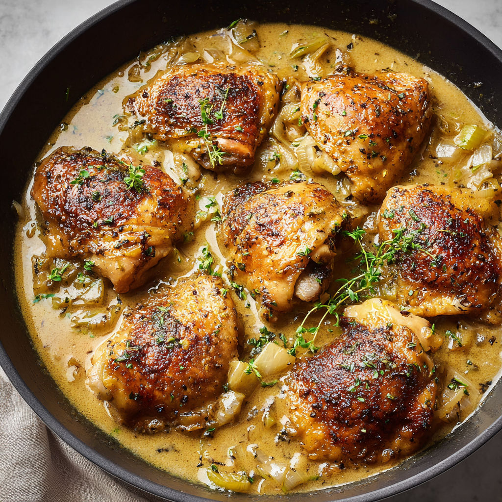Poulet doré façon Normande, sauce onctueuse au cidre et moutarde.