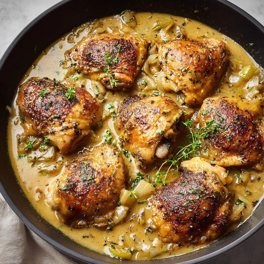 Poulet doré façon Normande, sauce onctueuse au cidre et moutarde.