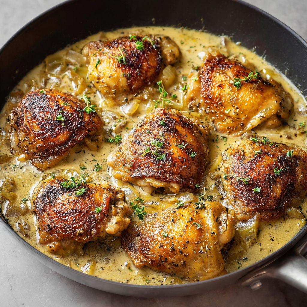 Hauts de cuisse de poulet, légumes fondants et sauce normande crémeuse.