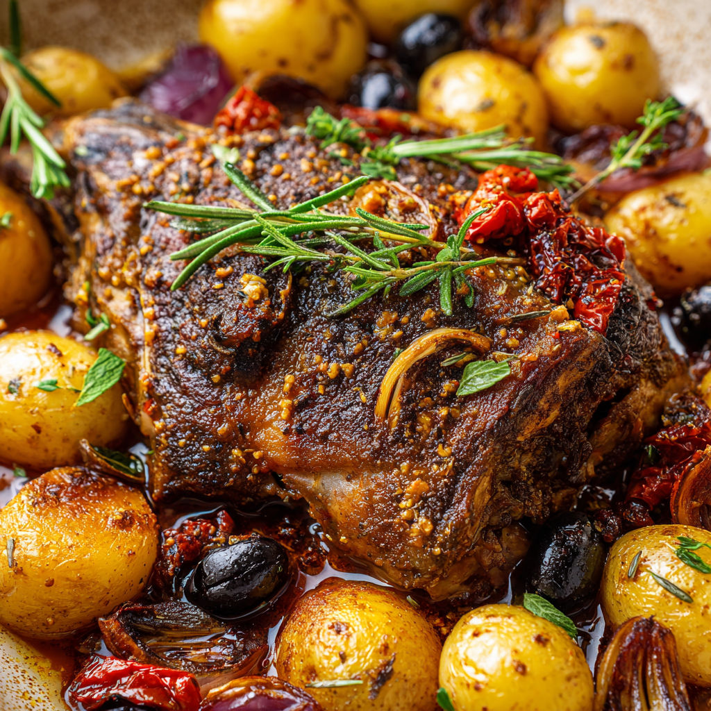 Plat d'épaule de chevreau mijotée à la méditerranéenne, avec légumes et herbes pour un goût unique.