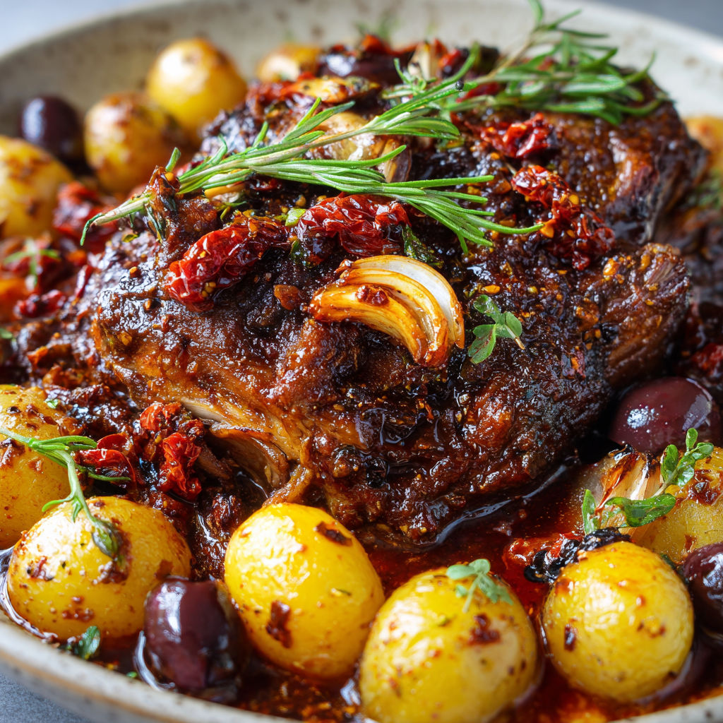 Épaule de chevreau rôtie sudiste avec herbes fraîches et légumes.