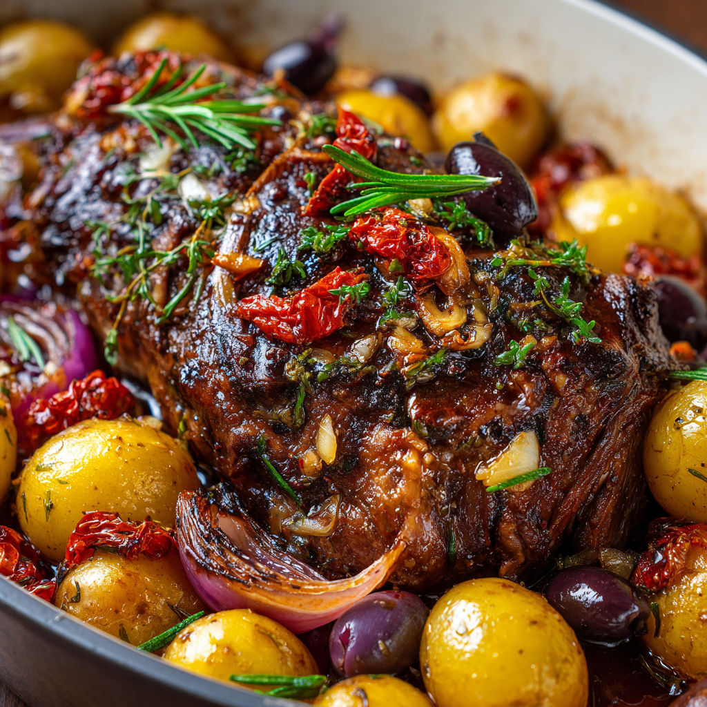 Chevreau tendre et juteux avec pommes de terre et tomates à la méditerranéenne.