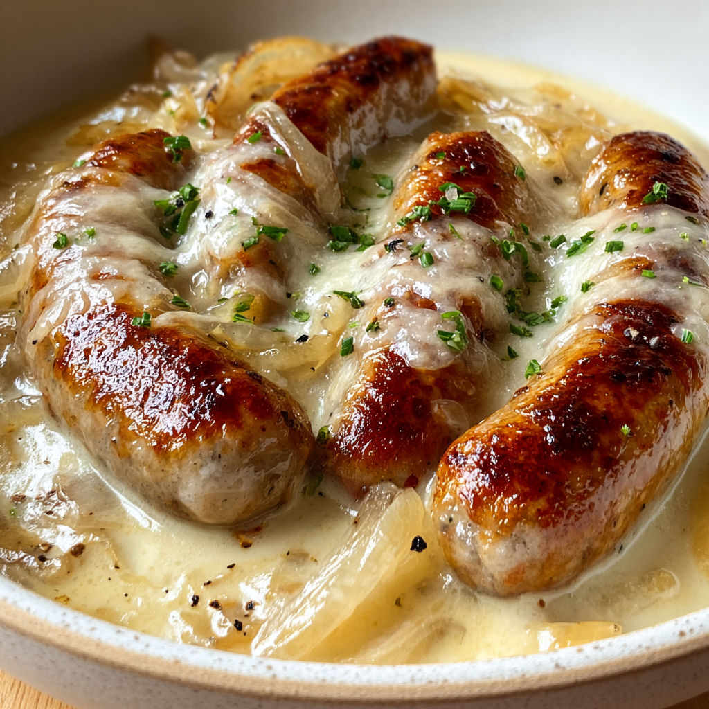 Fromage, oignons et saucisses dorées dans une sauce onctueuse, un plat familial délicieux.